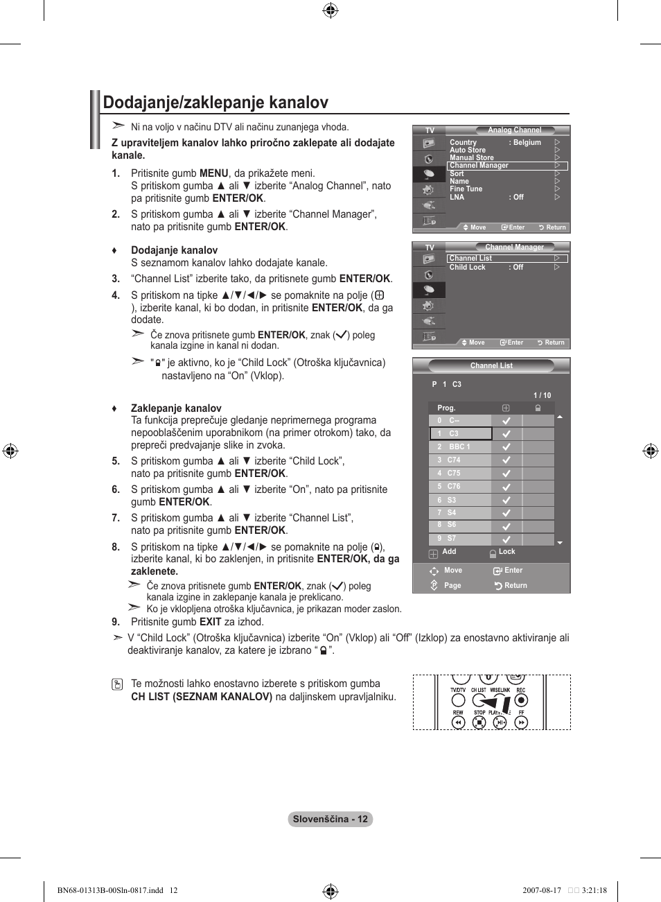 Dodajanje/zaklepanje kanalov | Samsung LE52F96BD User Manual | Page 464 / 516