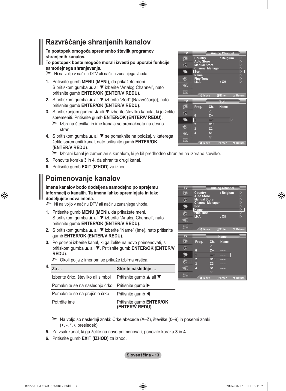 Razvrščanje shranjenih kanalov, Poimenovanje kanalov | Samsung LE52F96BD User Manual | Page 465 / 516