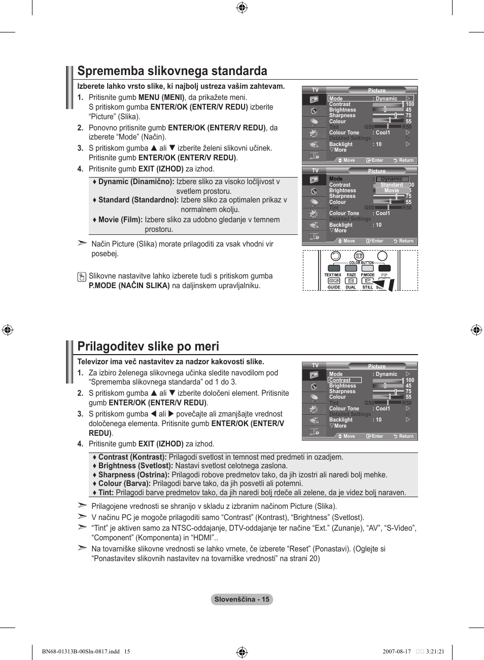 Sprememba slikovnega standarda, Prilagoditev slike po meri | Samsung LE52F96BD User Manual | Page 467 / 516