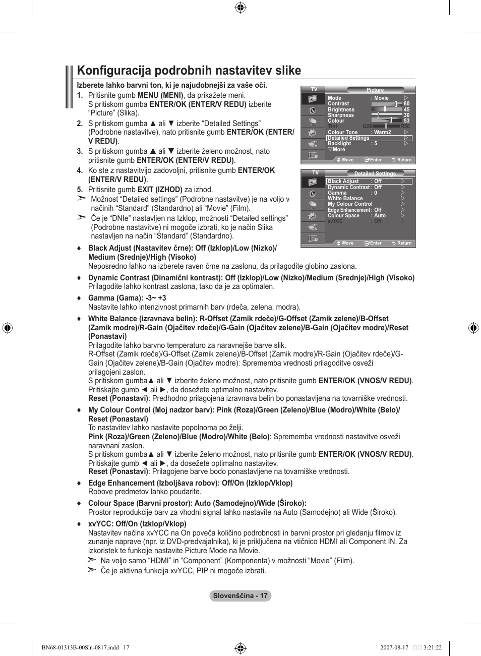 Konfiguracija podrobnih nastavitev slike | Samsung LE52F96BD User Manual | Page 469 / 516