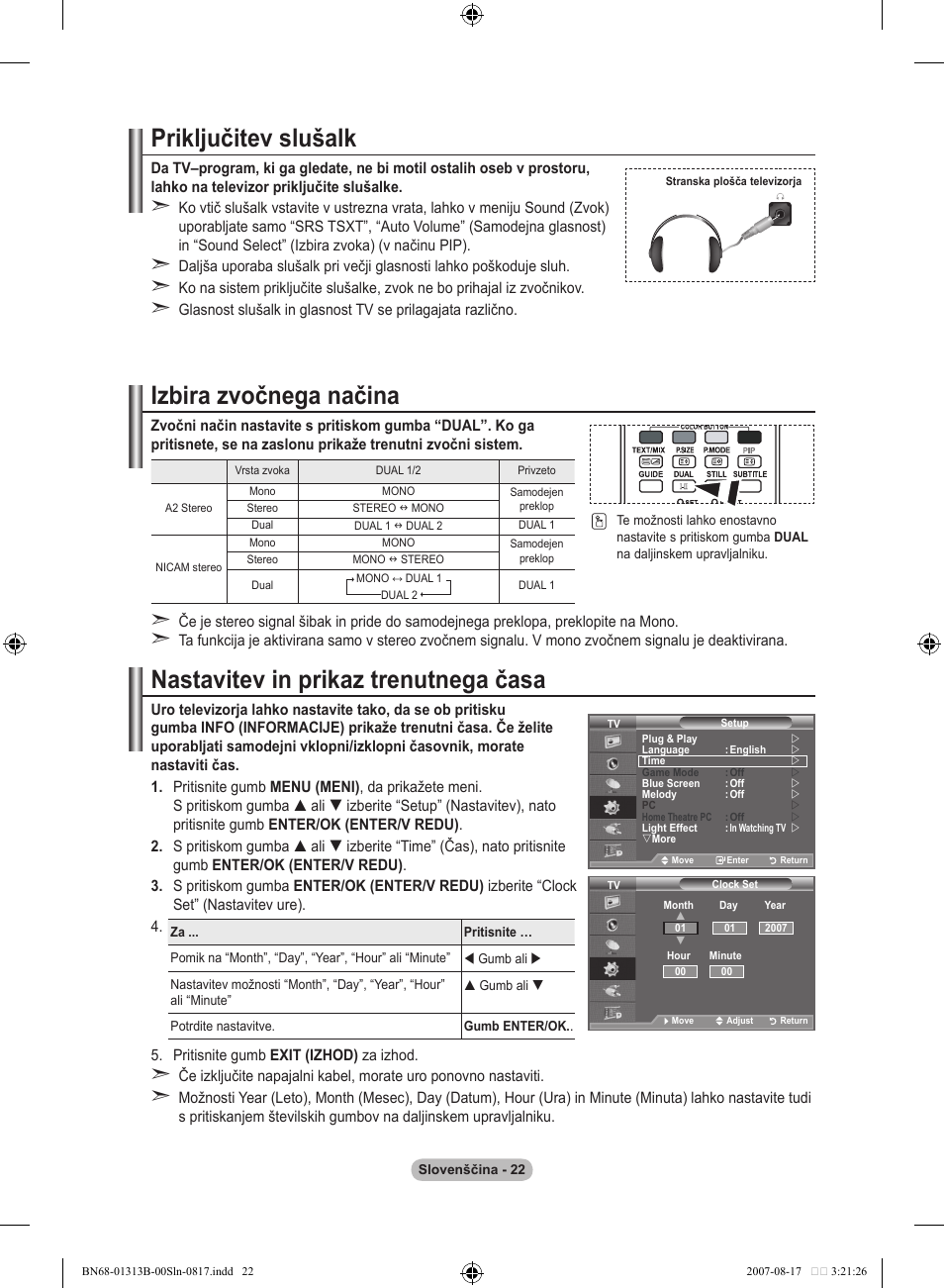 Priključitev slušalk, Izbira zvočnega načina, Nastavitev in prikaz trenutnega časa | Samsung LE52F96BD User Manual | Page 474 / 516