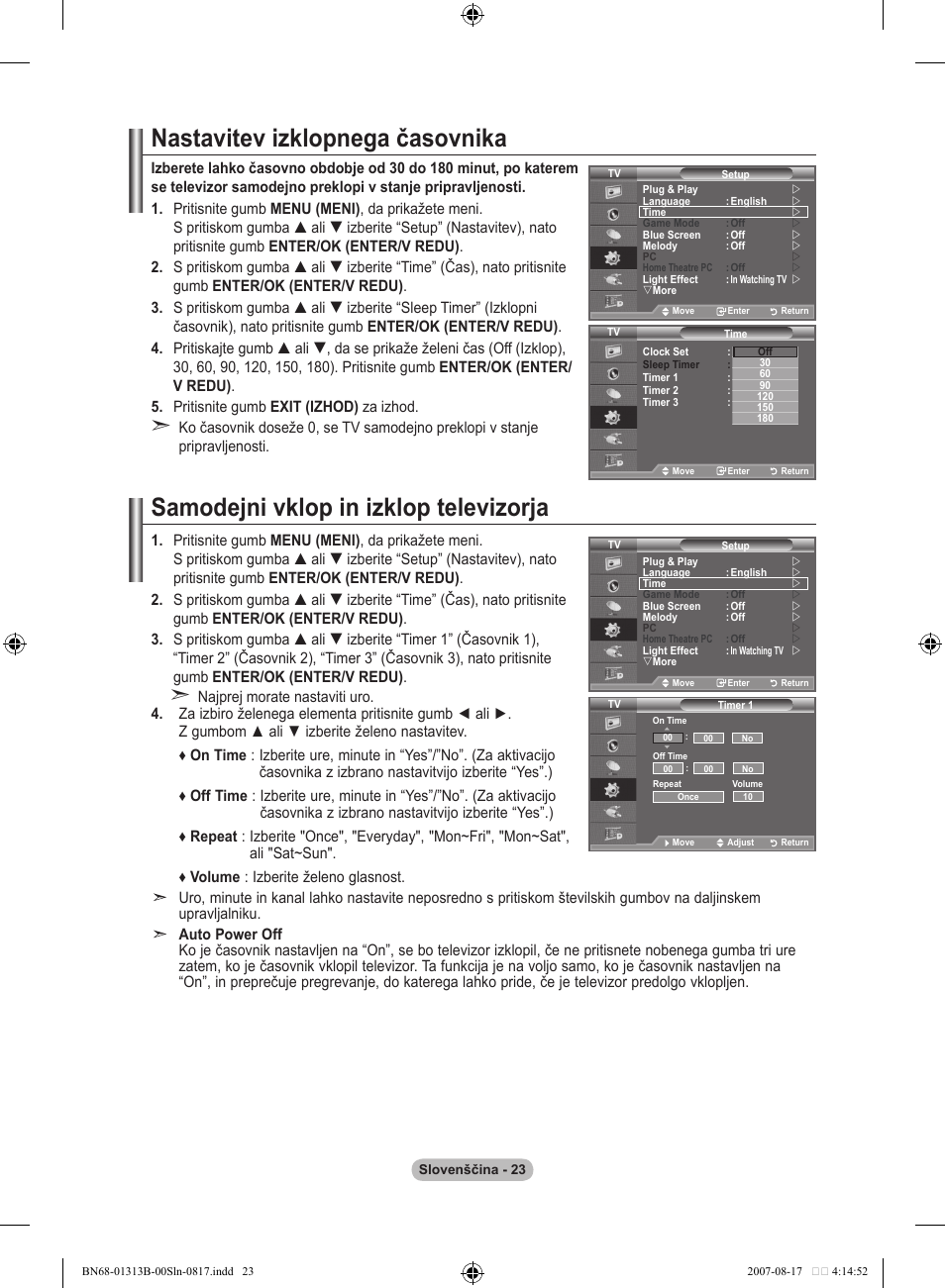 Nastavitev izklopnega časovnika, Samodejni vklop in izklop televizorja | Samsung LE52F96BD User Manual | Page 475 / 516