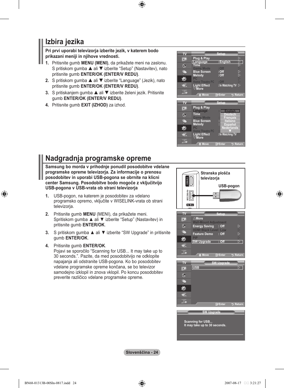 Izbira jezika, Nadgradnja programske opreme | Samsung LE52F96BD User Manual | Page 476 / 516