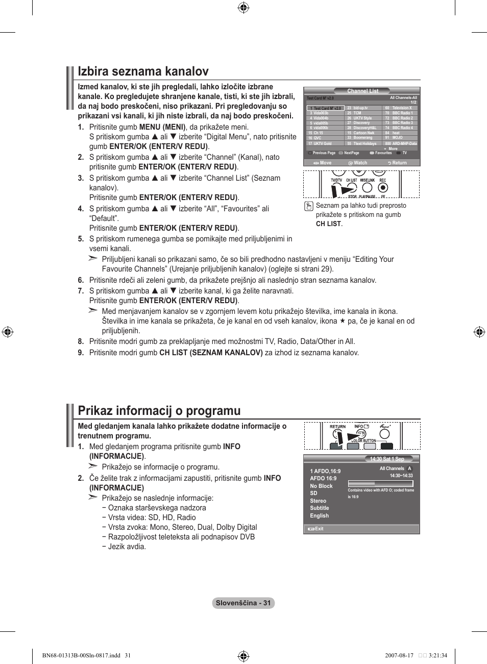 Izbira seznama kanalov, Prikaz informacij o programu | Samsung LE52F96BD User Manual | Page 483 / 516