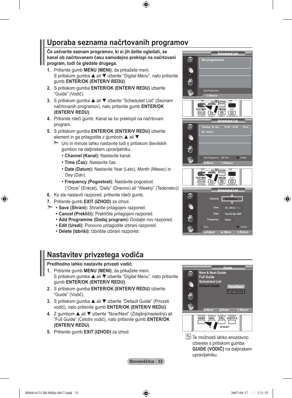 Uporaba seznama načrtovanih programov, Nastavitev privzetega vodiča | Samsung LE52F96BD User Manual | Page 485 / 516