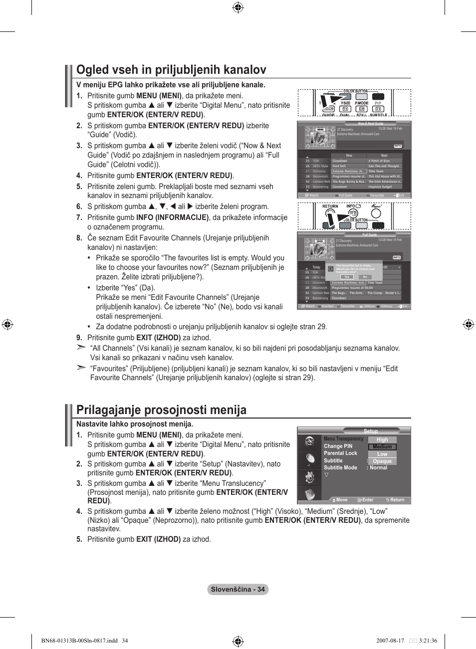 Ogled vseh in priljubljenih kanalov, Prilagajanje prosojnosti menija | Samsung LE52F96BD User Manual | Page 486 / 516