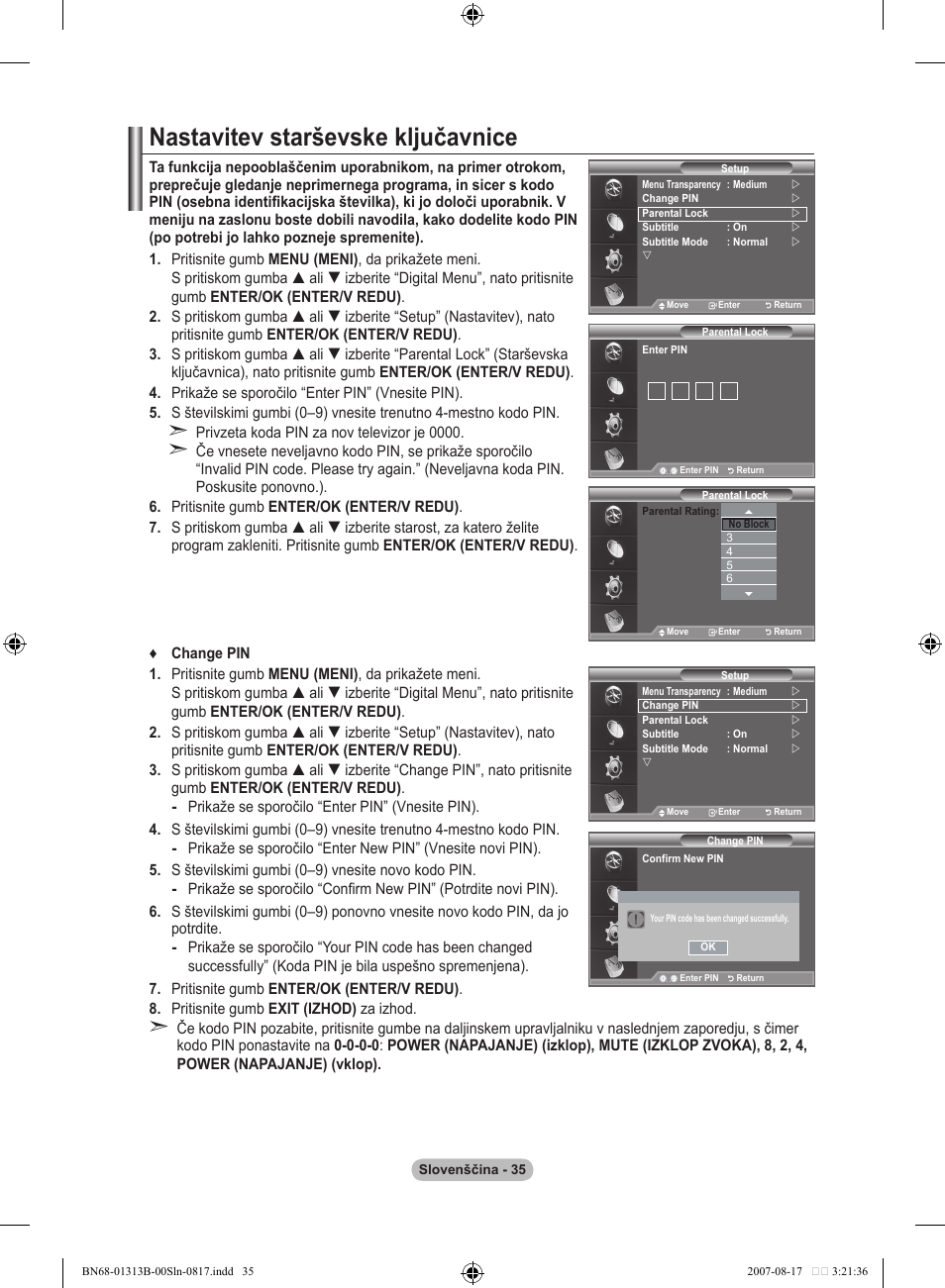 Nastavitev starševske ključavnice | Samsung LE52F96BD User Manual | Page 487 / 516