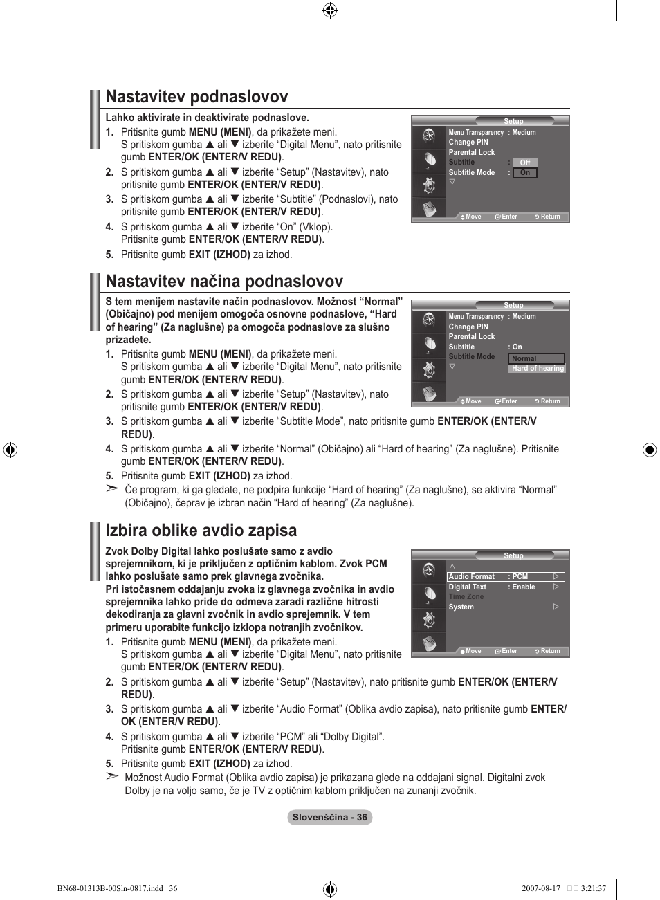 Nastavitev podnaslovov, Nastavitev načina podnaslovov, Izbira oblike avdio zapisa | Samsung LE52F96BD User Manual | Page 488 / 516