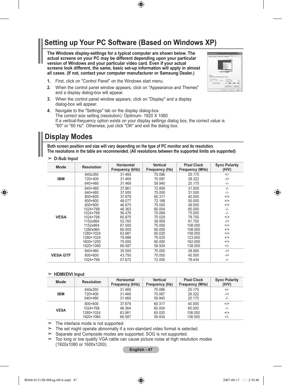 Setting the pc, Setting up your pc software (based on windows xp), Display modes | Samsung LE52F96BD User Manual | Page 49 / 516