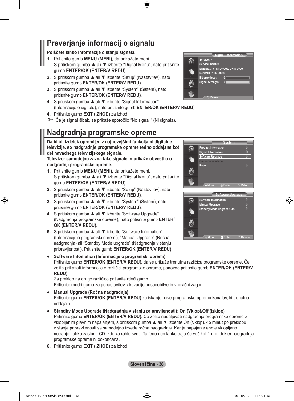 Preverjanje informacij o signalu, Nadgradnja programske opreme | Samsung LE52F96BD User Manual | Page 490 / 516