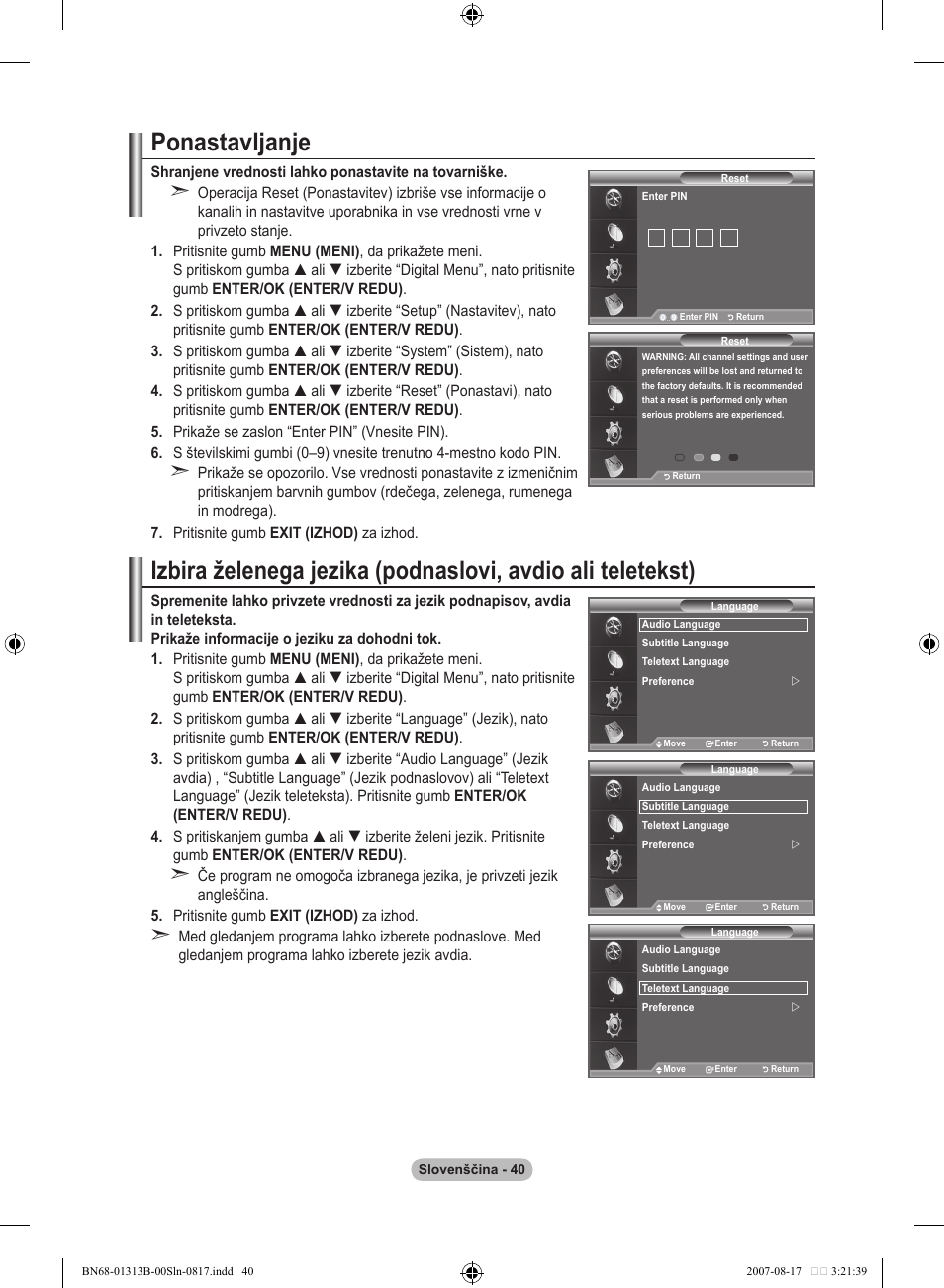 Ponastavljanje | Samsung LE52F96BD User Manual | Page 492 / 516