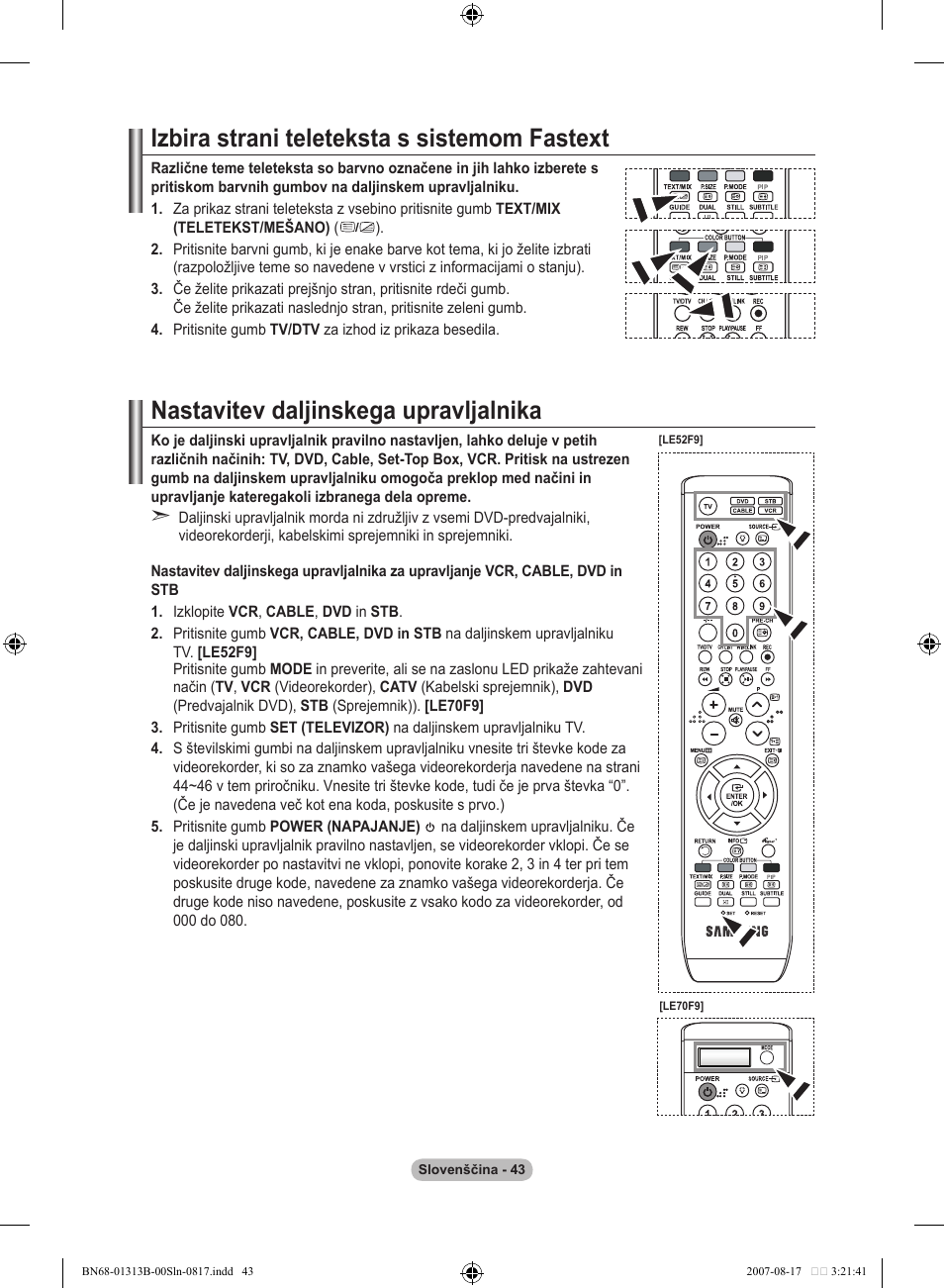 Izbira strani teleteksta s sistemom fastext, Nastavitev daljinskega upravljalnika | Samsung LE52F96BD User Manual | Page 495 / 516