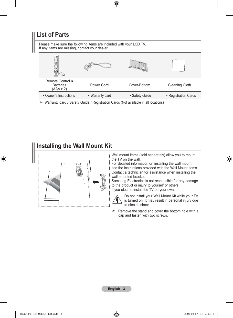 Connecting and preparing your tv, List of parts, Installing the wall mount kit | Samsung LE52F96BD User Manual | Page 5 / 516