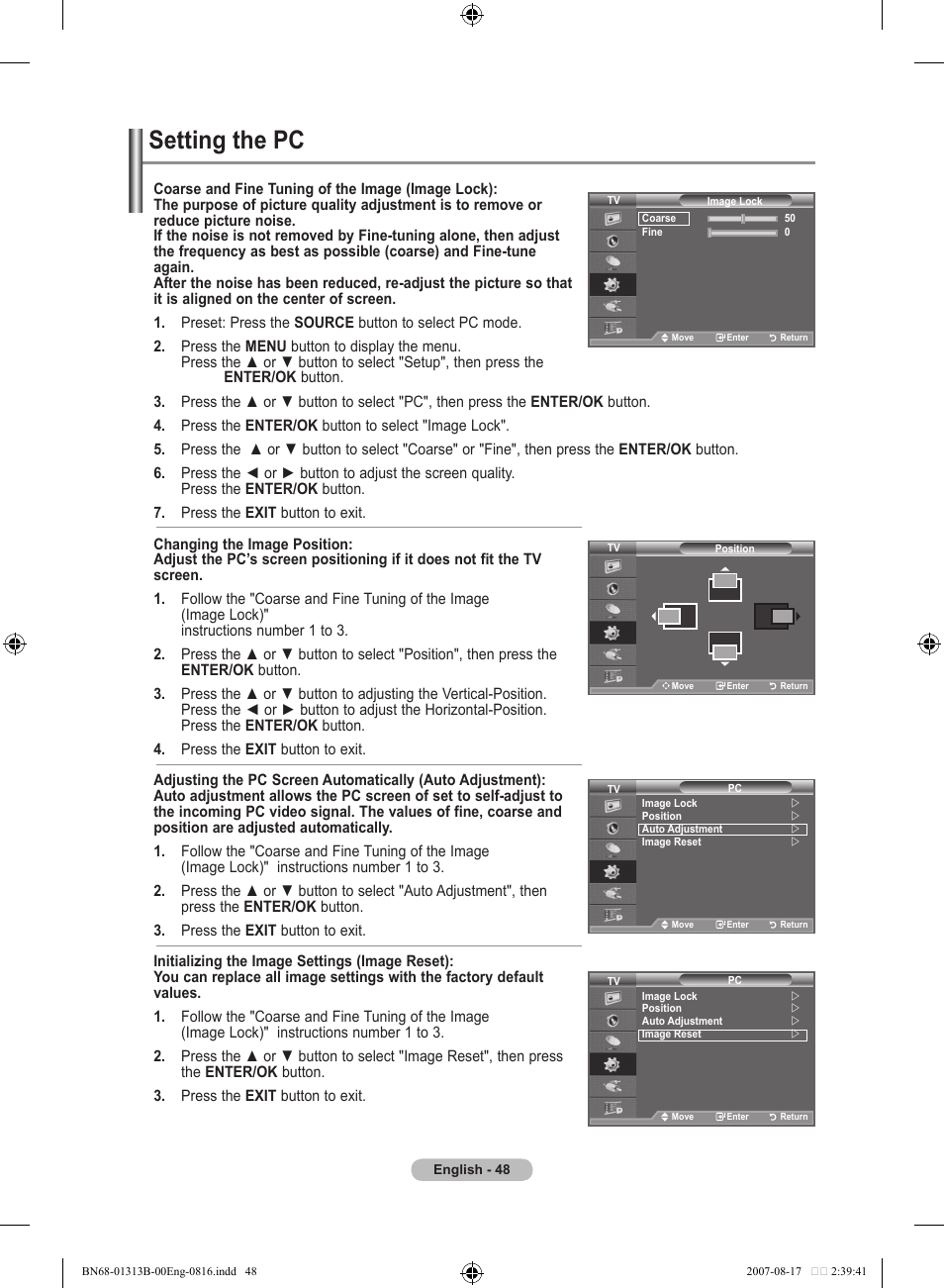 Setting the pc | Samsung LE52F96BD User Manual | Page 50 / 516