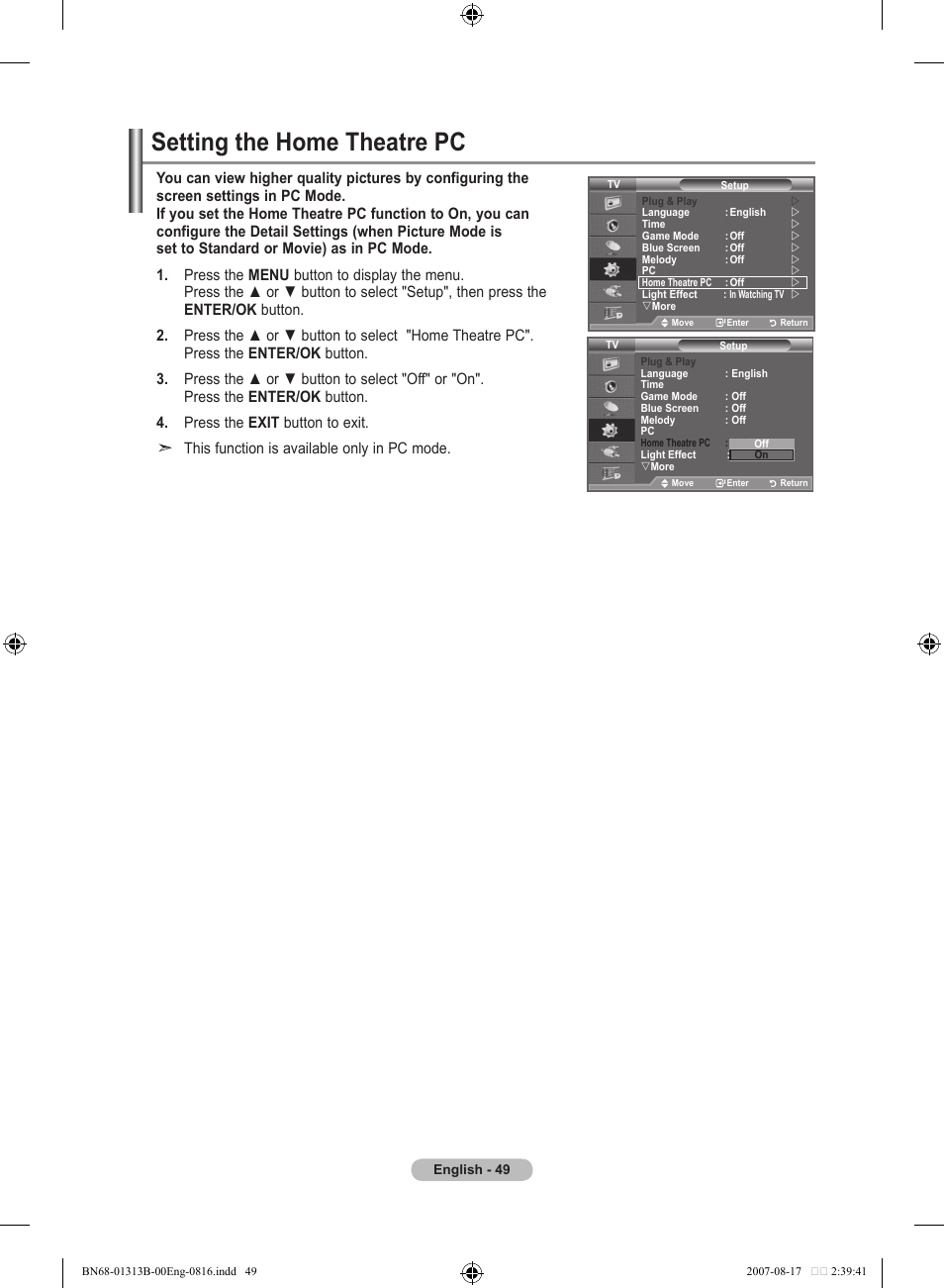 Setting the home theatre pc | Samsung LE52F96BD User Manual | Page 51 / 516