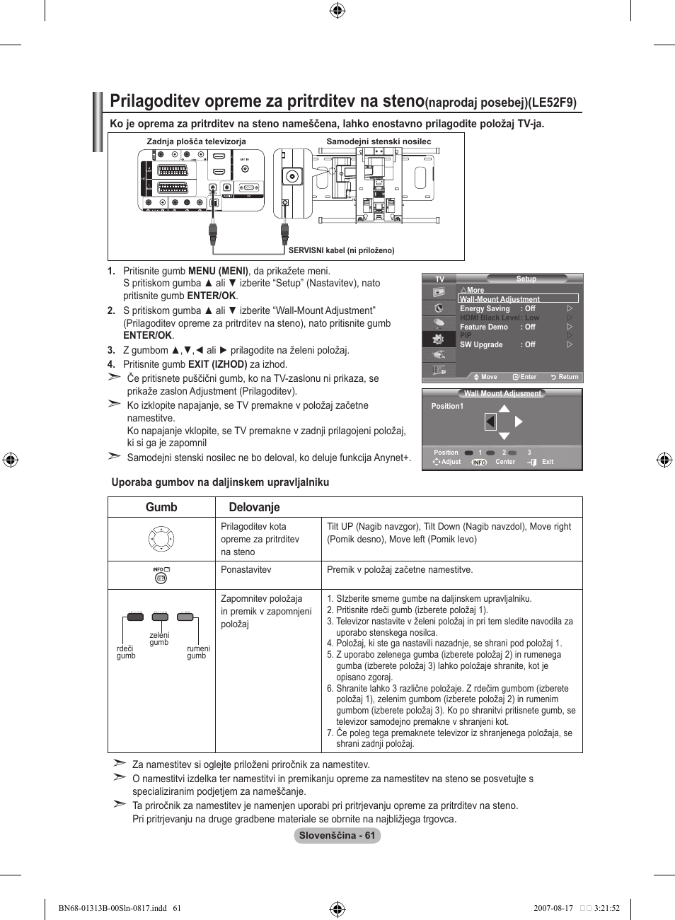 Prilagoditev opreme za pritrditev na steno, Naprodaj posebej)(le5f9), Gumb delovanje | Samsung LE52F96BD User Manual | Page 513 / 516