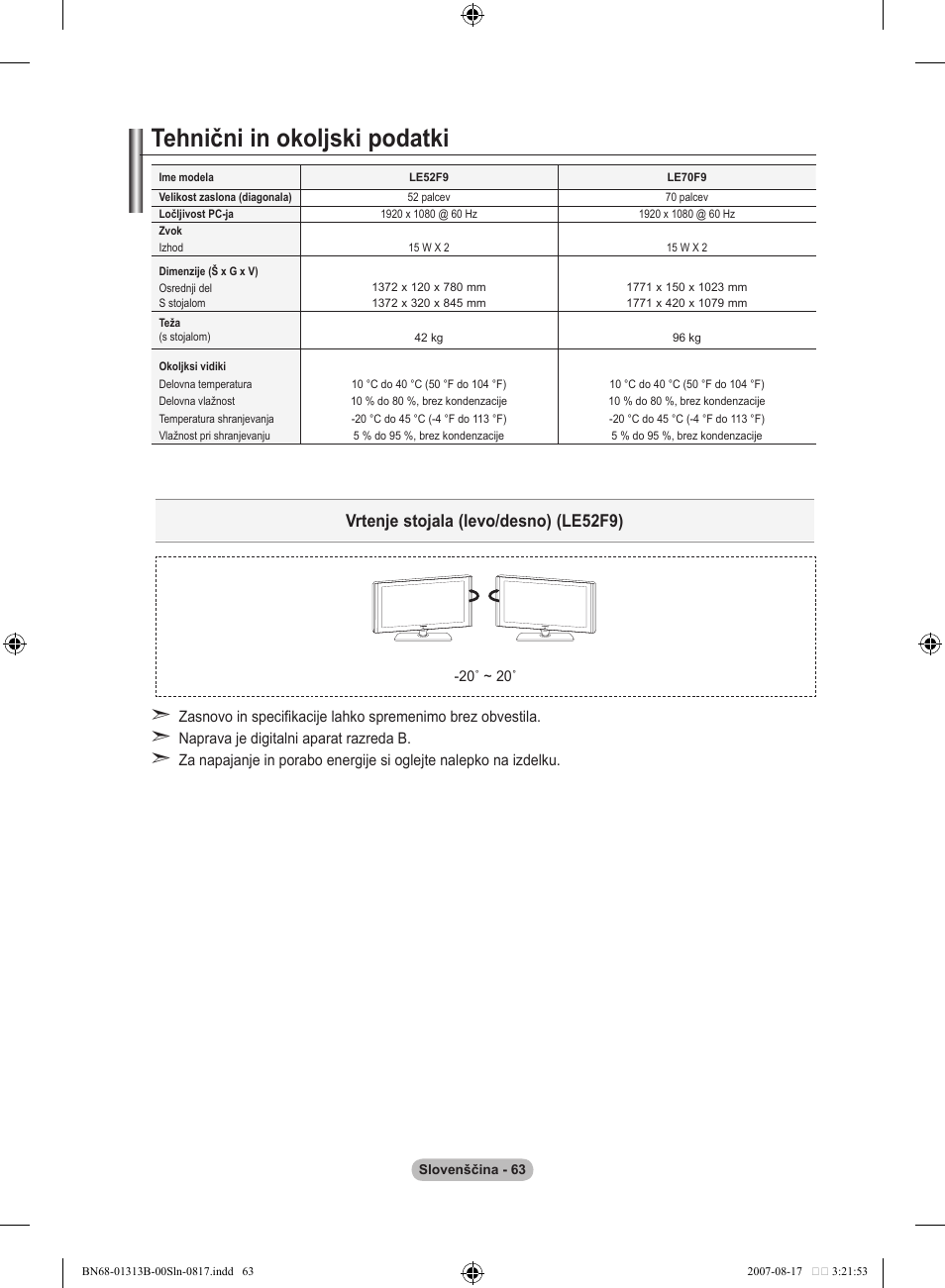 Tehnični in okoljski podatki, Vrtenje stojala (levo/desno) (le5f9) | Samsung LE52F96BD User Manual | Page 515 / 516