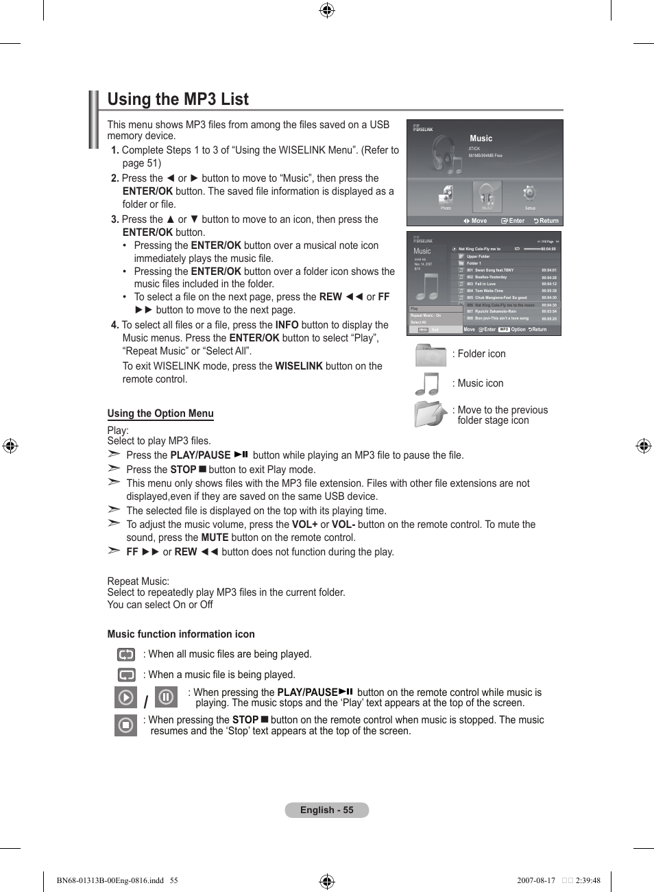 Using the mp3 list, Using the mp list | Samsung LE52F96BD User Manual | Page 57 / 516