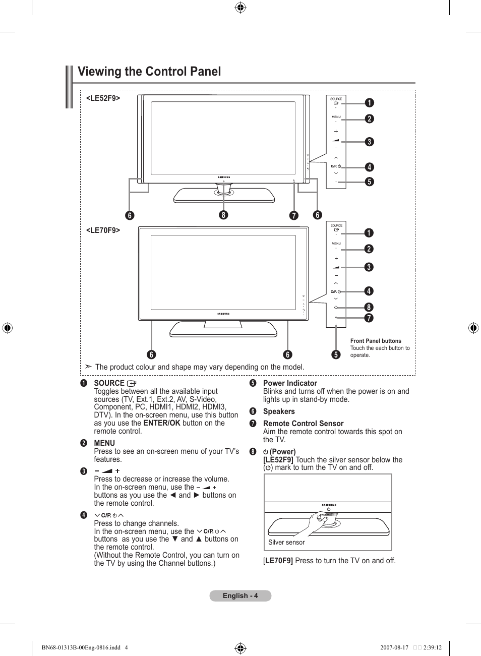 Viewing the control panel | Samsung LE52F96BD User Manual | Page 6 / 516