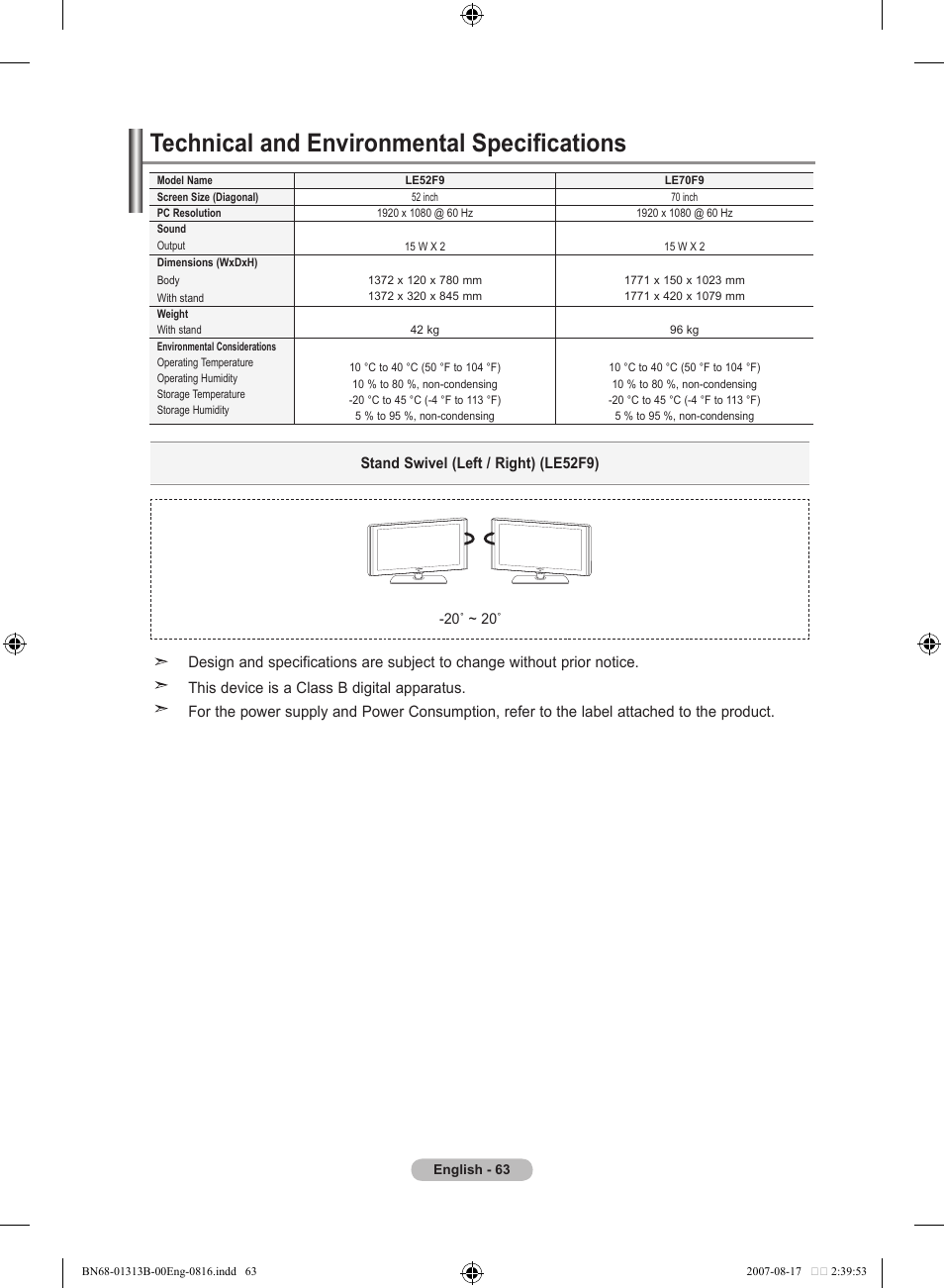 Technical and environmental specifications | Samsung LE52F96BD User Manual | Page 65 / 516