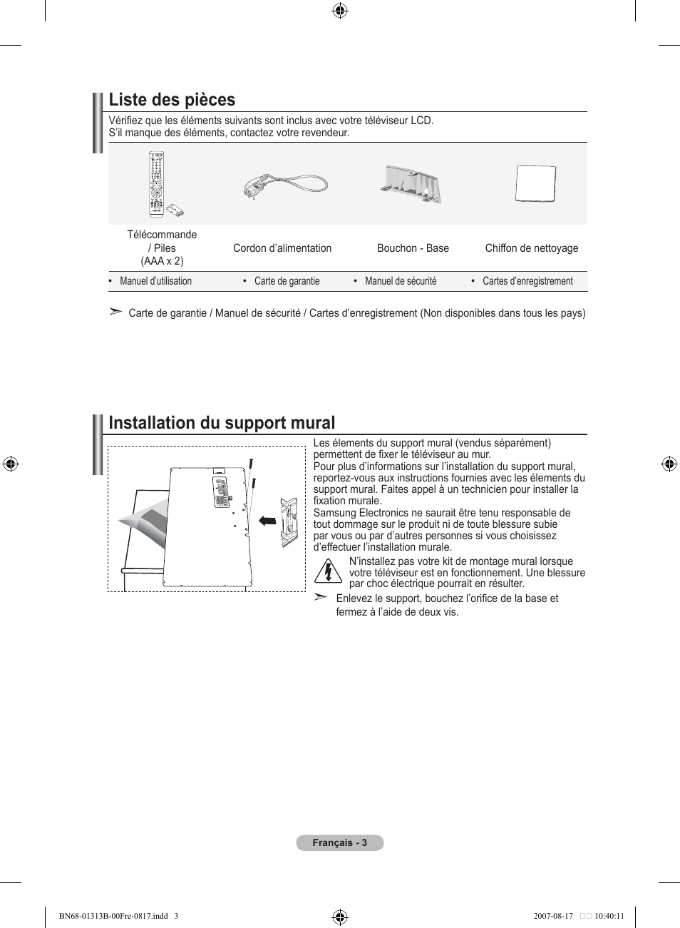 Liste des pièces, Installation du support mural | Samsung LE52F96BD User Manual | Page 69 / 516