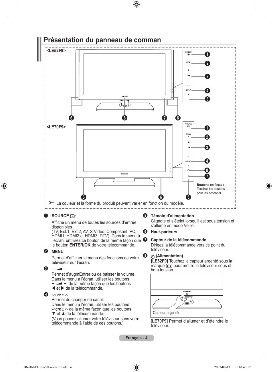 Présentation du panneau de comman | Samsung LE52F96BD User Manual | Page 70 / 516