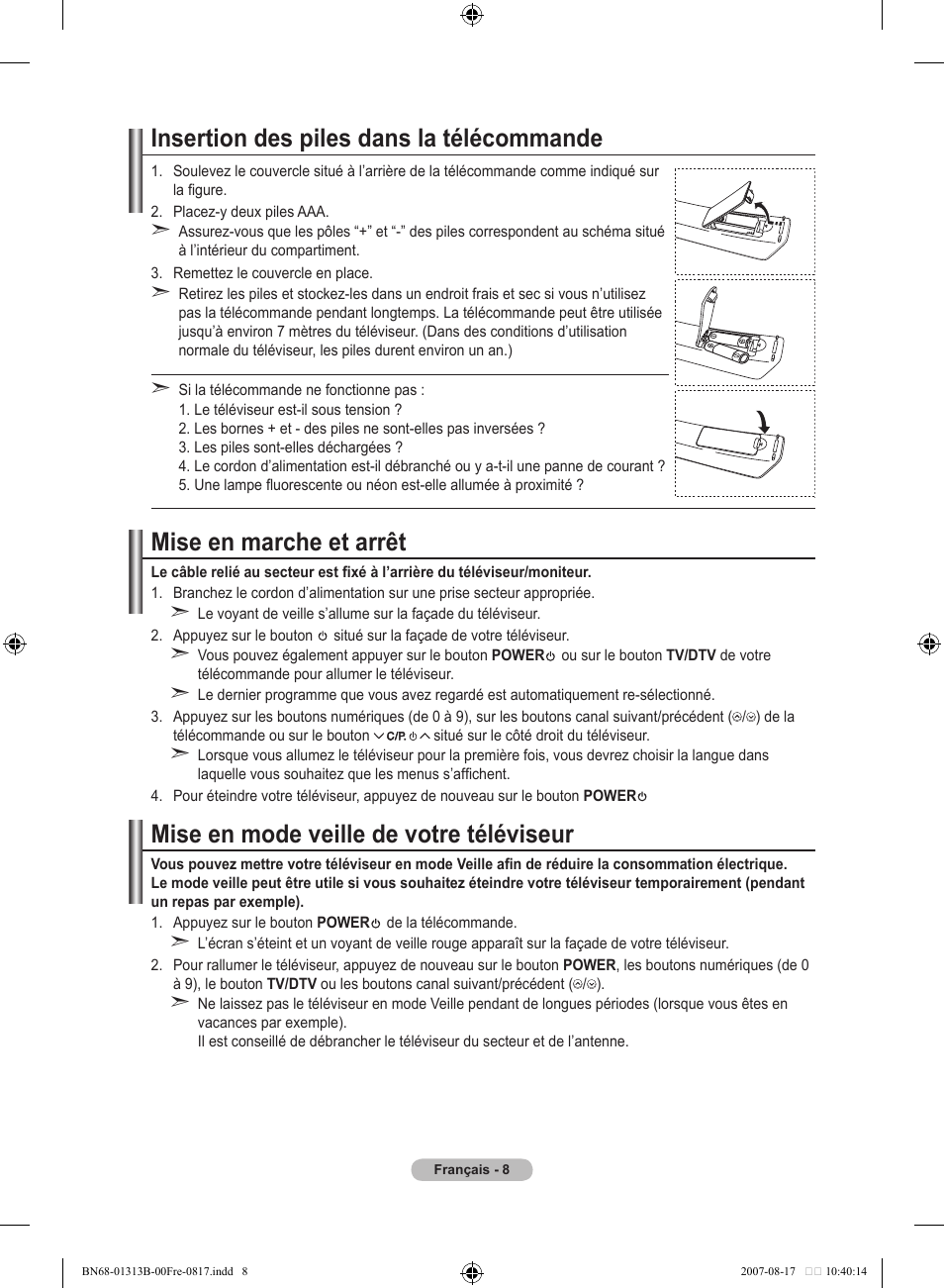 Insertion des piles dans la télécommande, Mise en marche et arrêt, Mise en mode veille de votre téléviseur | Samsung LE52F96BD User Manual | Page 74 / 516