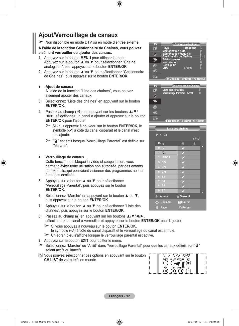 Ajout/verrouillage de canaux | Samsung LE52F96BD User Manual | Page 78 / 516