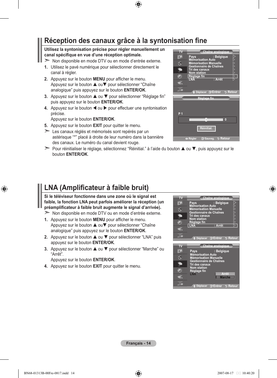 Réception des canaux grâce à la syntonisation fine, Lna (amplificateur à faible bruit) | Samsung LE52F96BD User Manual | Page 80 / 516
