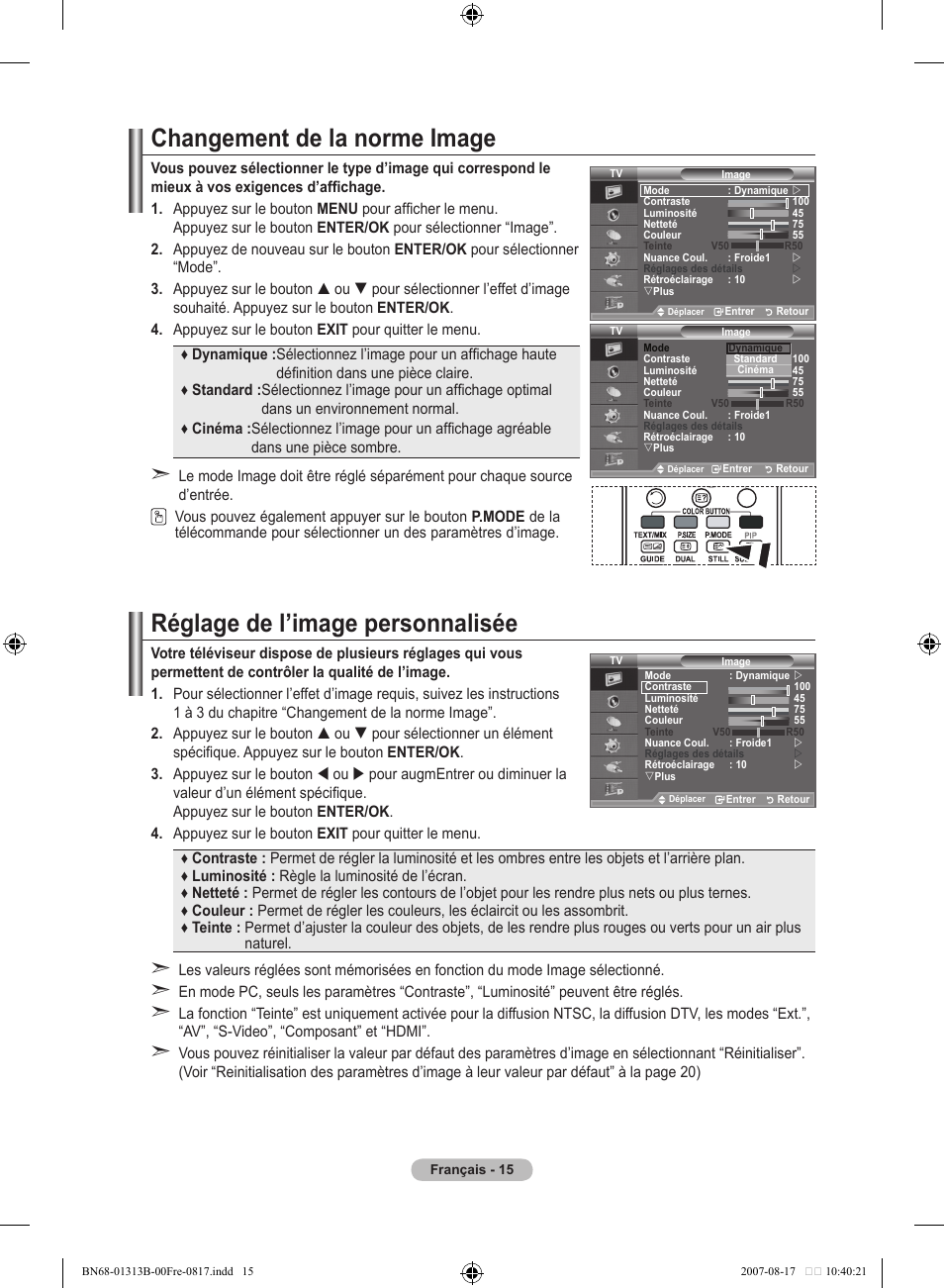 Changement de la norme image, Réglage de l’image personnalisée | Samsung LE52F96BD User Manual | Page 81 / 516