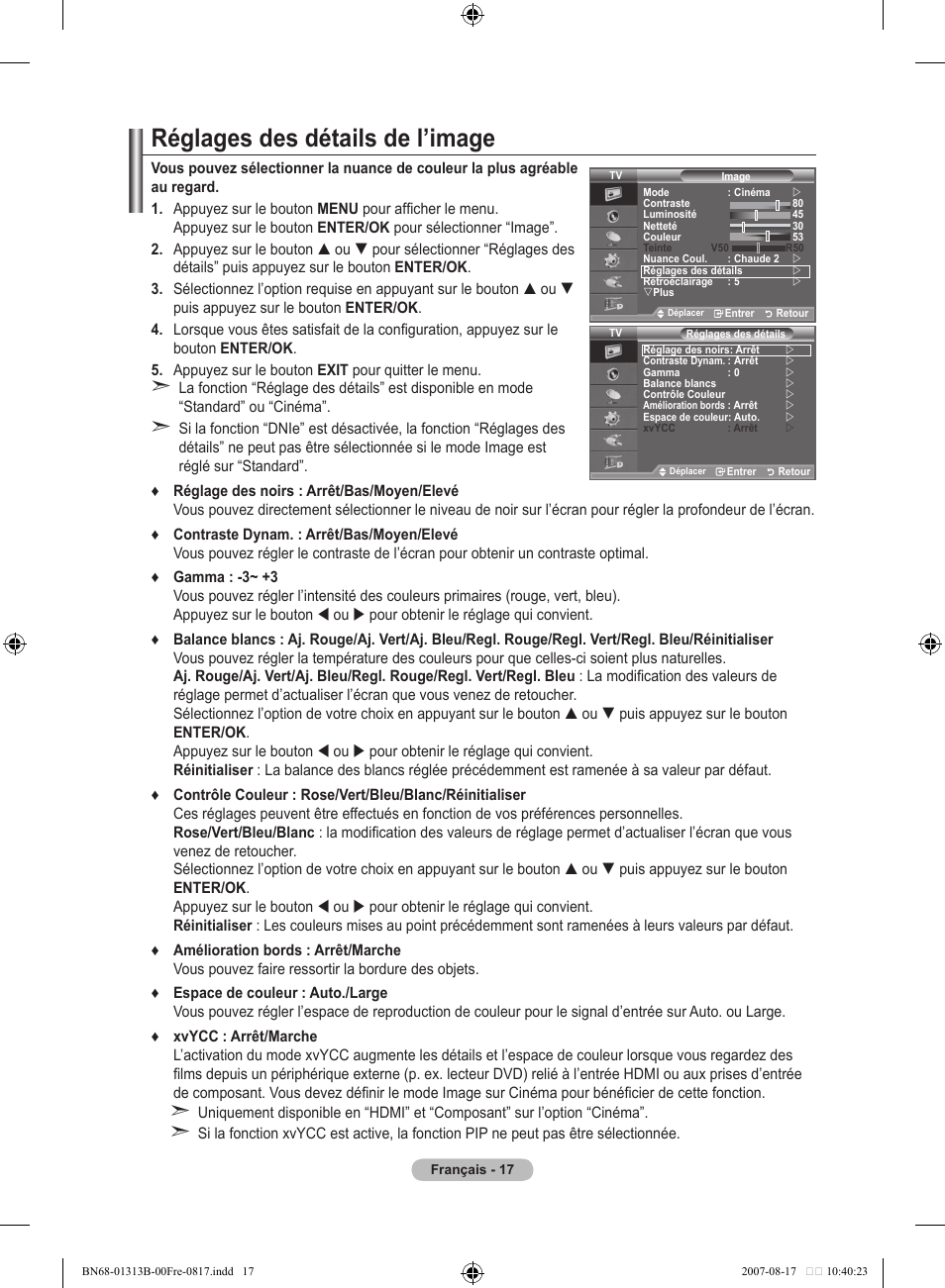 Réglages des détails de l’image | Samsung LE52F96BD User Manual | Page 83 / 516