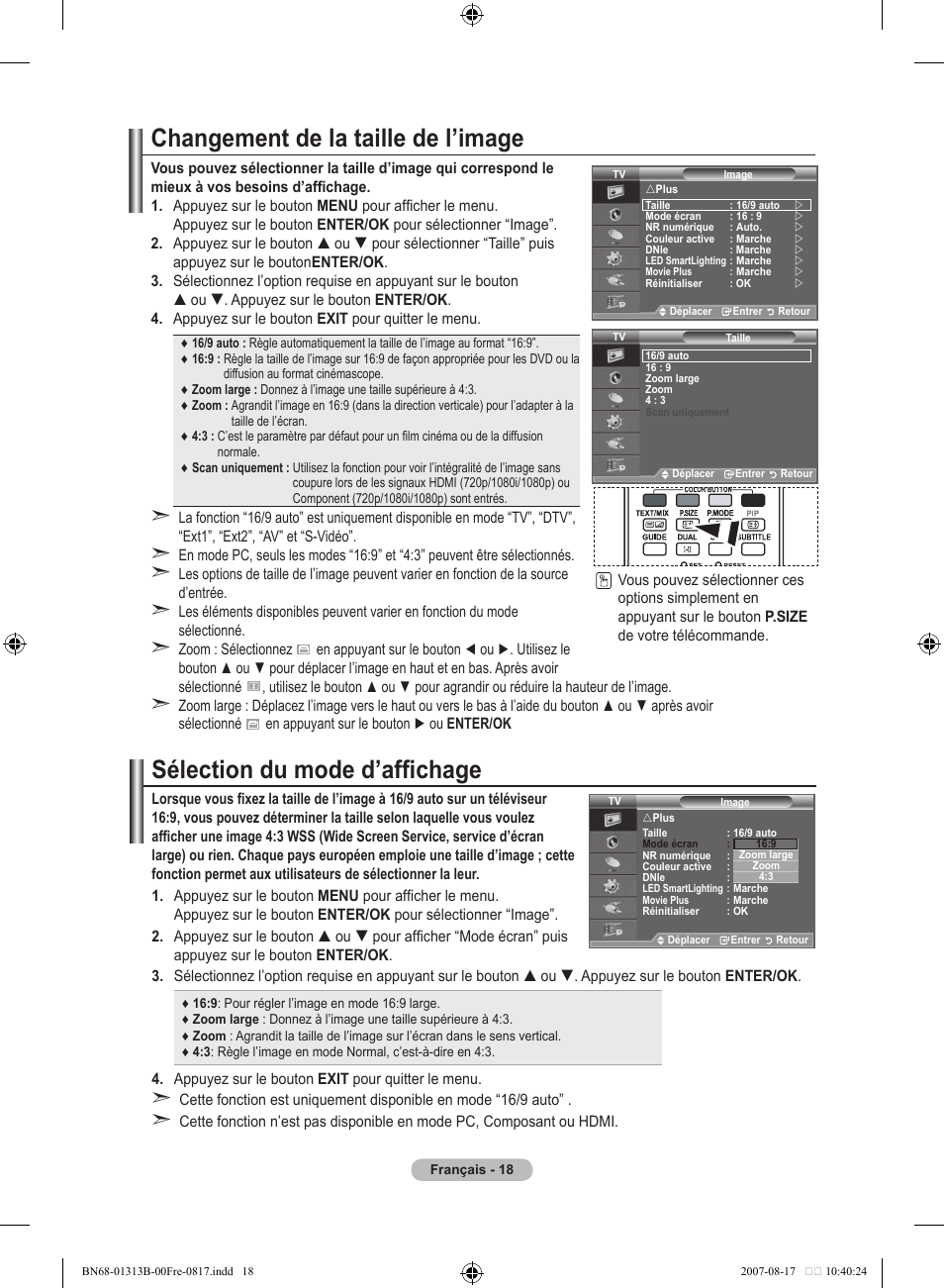 Changement de la taille de l’image, Sélection du mode d’affichage | Samsung LE52F96BD User Manual | Page 84 / 516