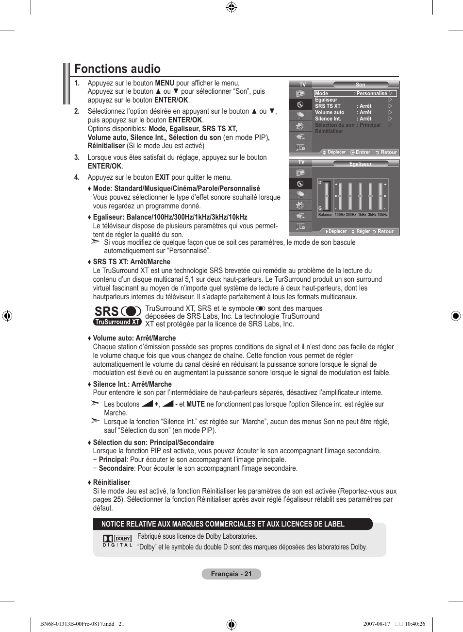 Fonctions audio | Samsung LE52F96BD User Manual | Page 87 / 516