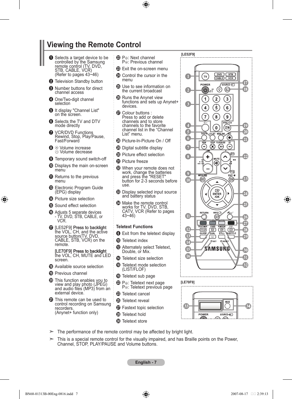 Viewing the remote control | Samsung LE52F96BD User Manual | Page 9 / 516