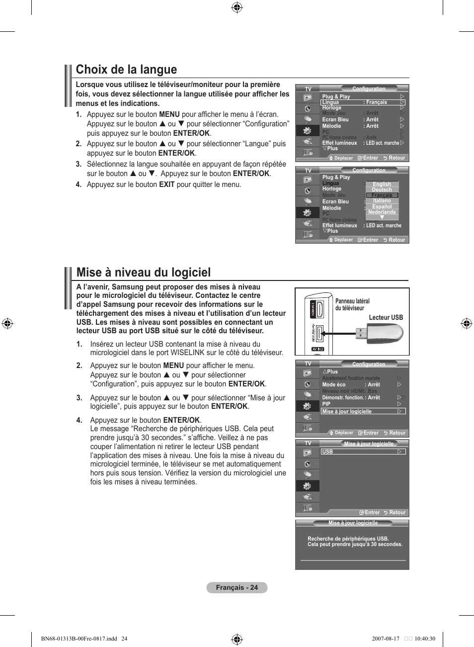 Choix de la langue, Mise à niveau du logiciel | Samsung LE52F96BD User Manual | Page 90 / 516