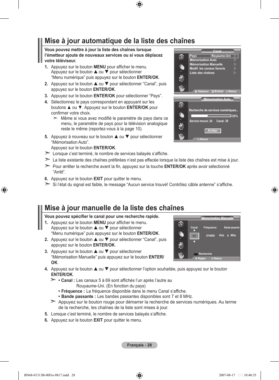 Mise à jour automatique de la liste des chaînes, Mise à jour manuelle de la liste des chaînes | Samsung LE52F96BD User Manual | Page 94 / 516