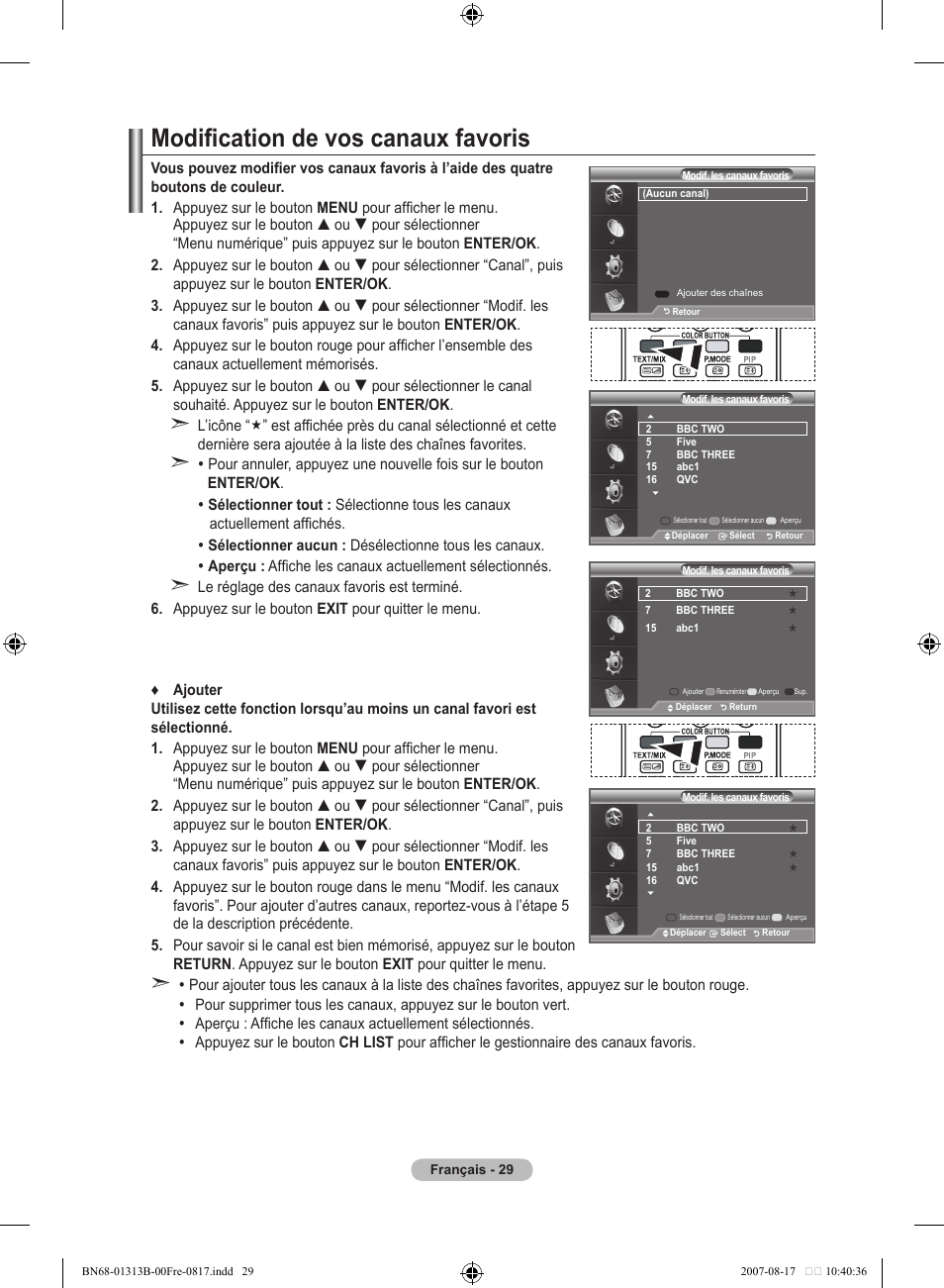 Modification de vos canaux favoris | Samsung LE52F96BD User Manual | Page 95 / 516