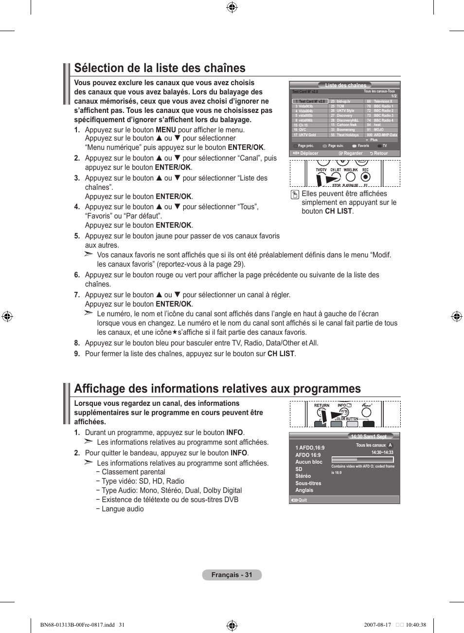 Sélection de la liste des chaînes | Samsung LE52F96BD User Manual | Page 97 / 516