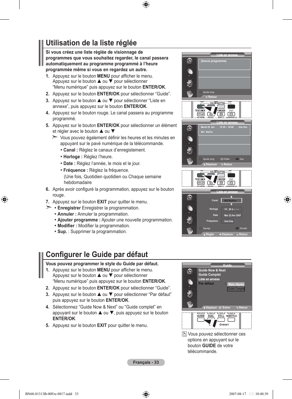 Utilisation de la liste réglée, Configurer le guide par défaut | Samsung LE52F96BD User Manual | Page 99 / 516