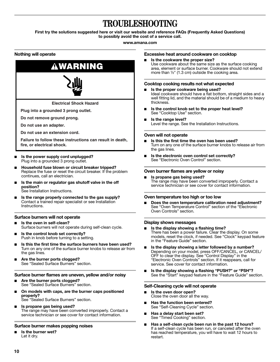 Troubleshooting, Warning | Amana AGR6011VDW User Manual | Page 10 / 12