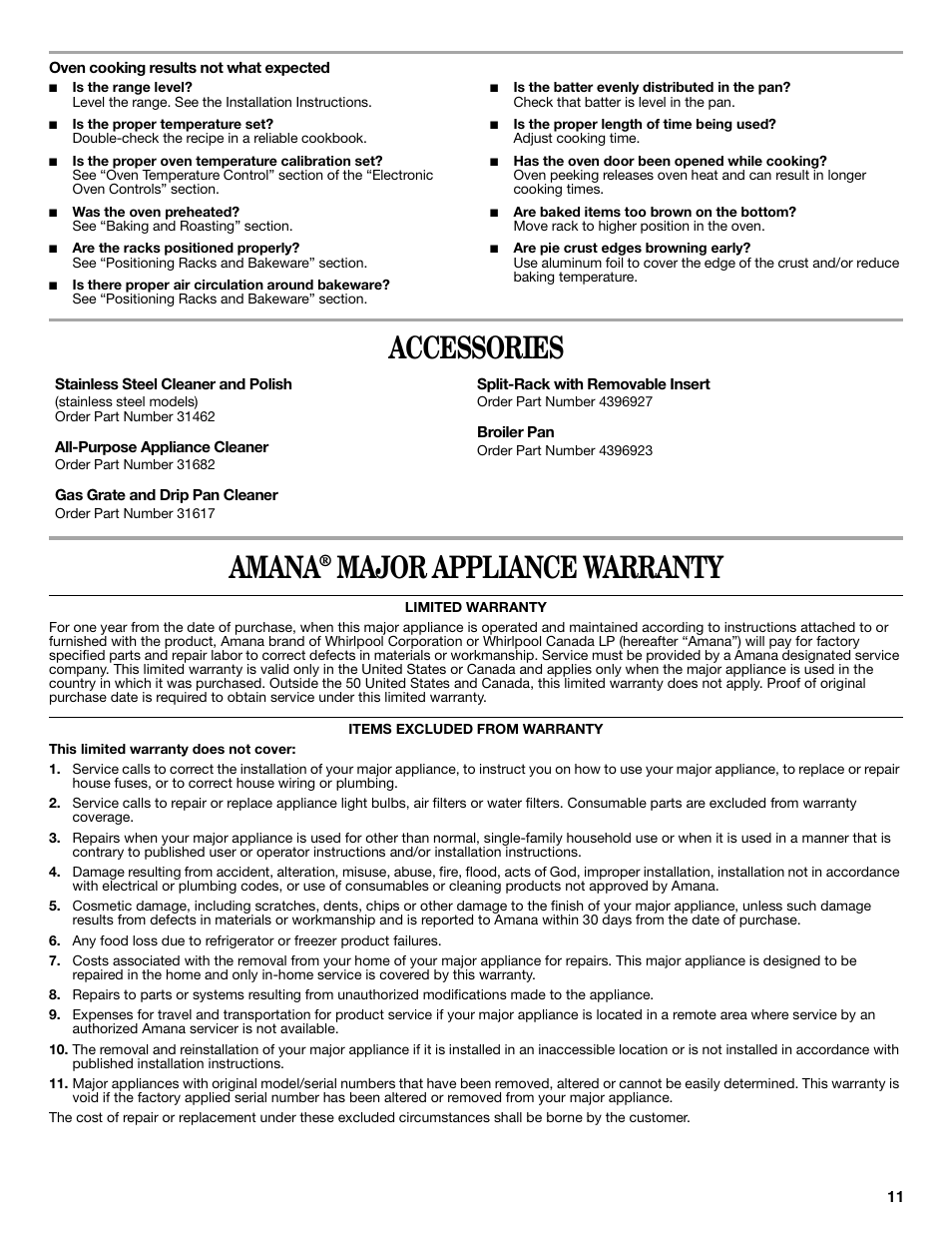 Accessories amana, Major appliance warranty | Amana AGR6011VDW User Manual | Page 11 / 12