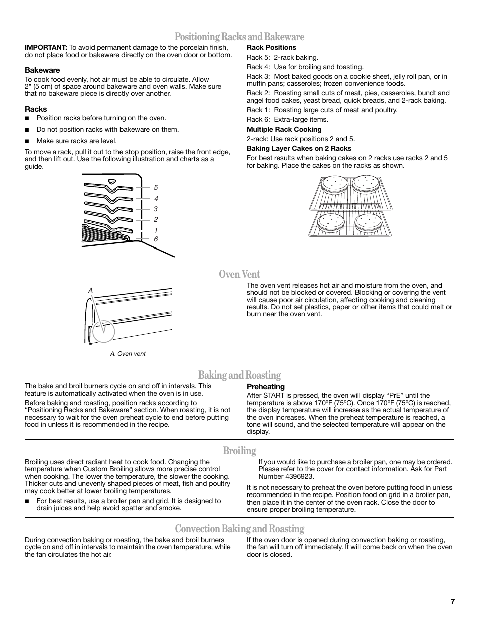 Positioning racks and bakeware, Oven vent, Baking and roasting | Broiling, Convection baking and roasting | Amana AGR6011VDW User Manual | Page 7 / 12