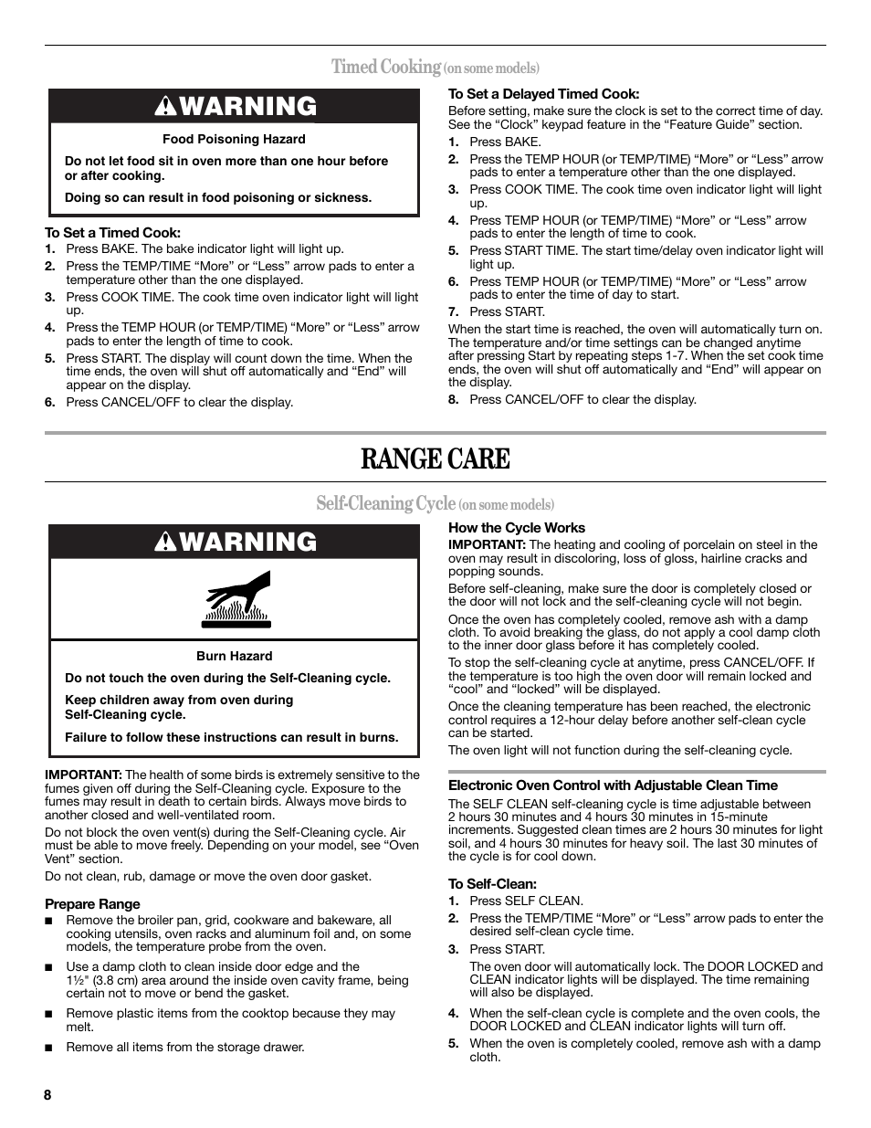 Range care, Warning, Timed cooking | Self-cleaning cycle | Amana AGR6011VDW User Manual | Page 8 / 12