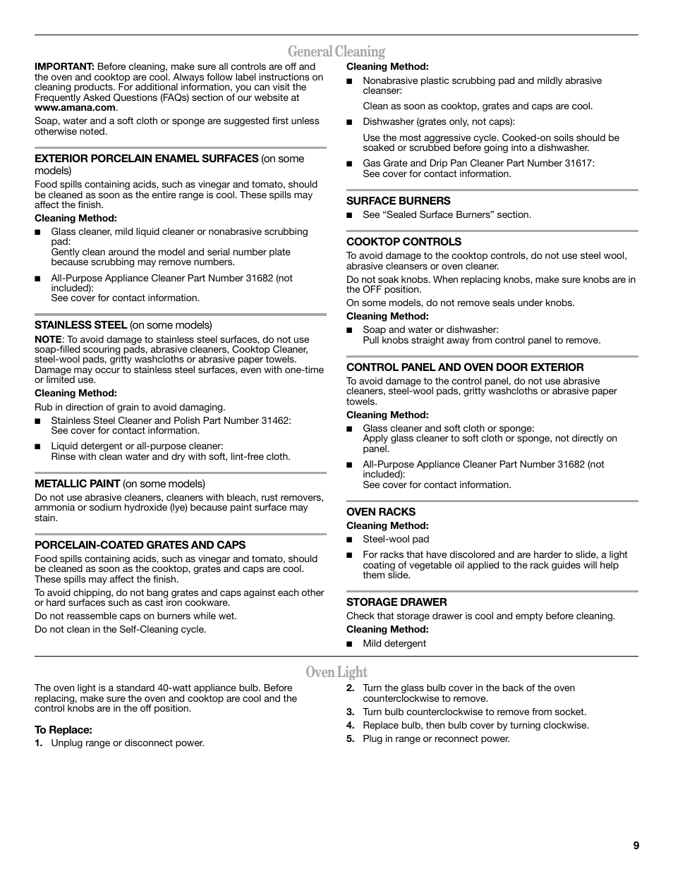 General cleaning, Oven light | Amana AGR6011VDW User Manual | Page 9 / 12