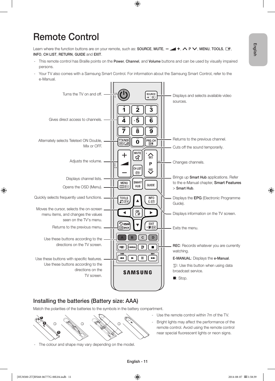 Remote control, Installing the batteries (battery size: aaa) | Samsung UE65HU8500Z User Manual | Page 11 / 76
