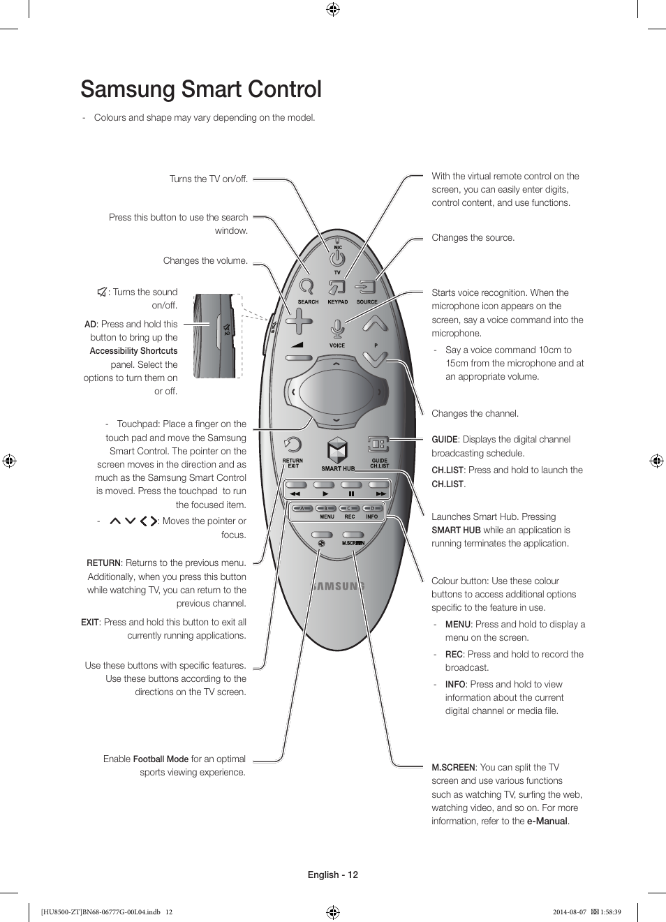 Samsung smart control | Samsung UE65HU8500Z User Manual | Page 12 / 76