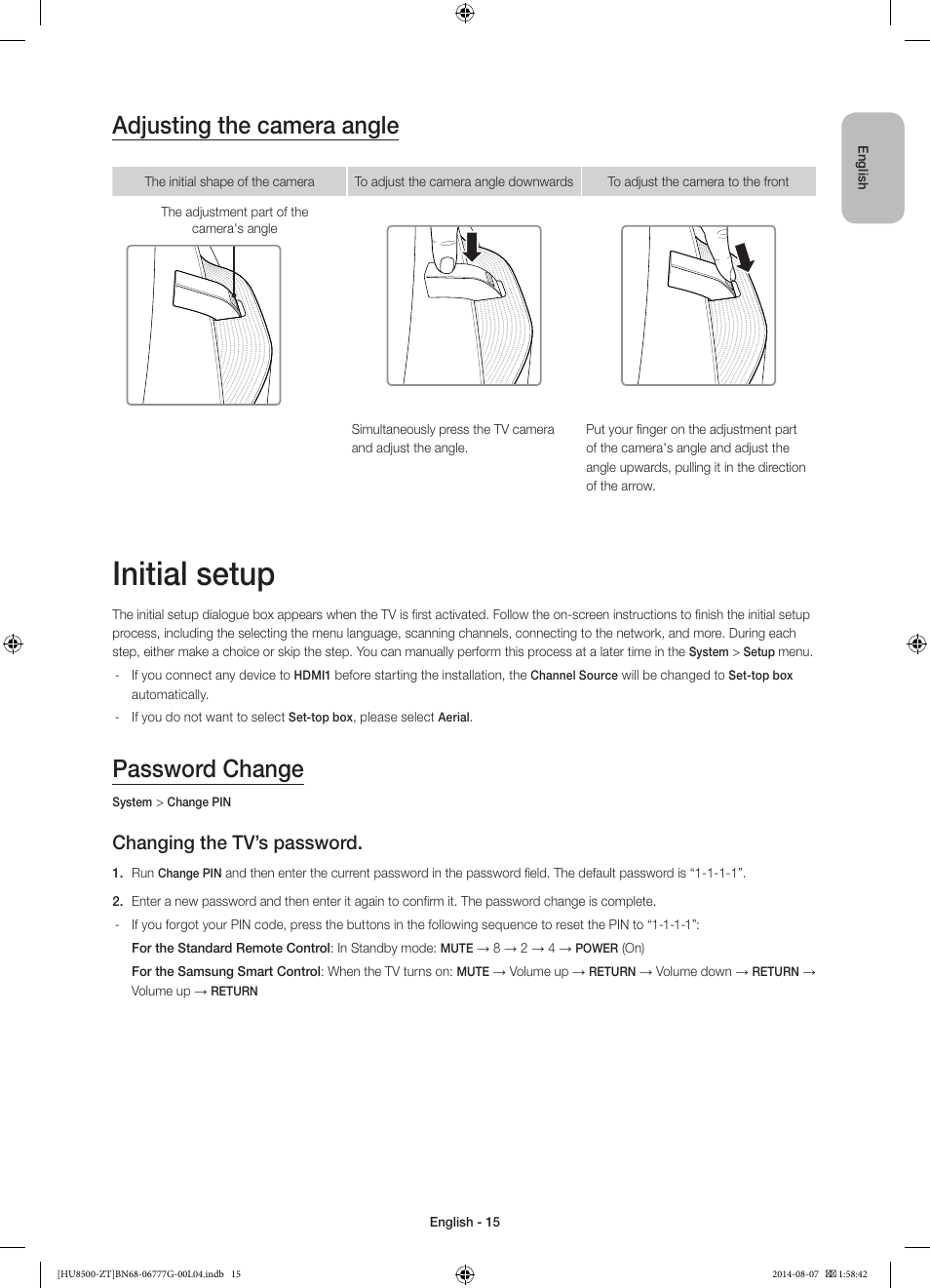 Initial setup, Adjusting the camera angle, Password change | Changing the tv’s password | Samsung UE65HU8500Z User Manual | Page 15 / 76