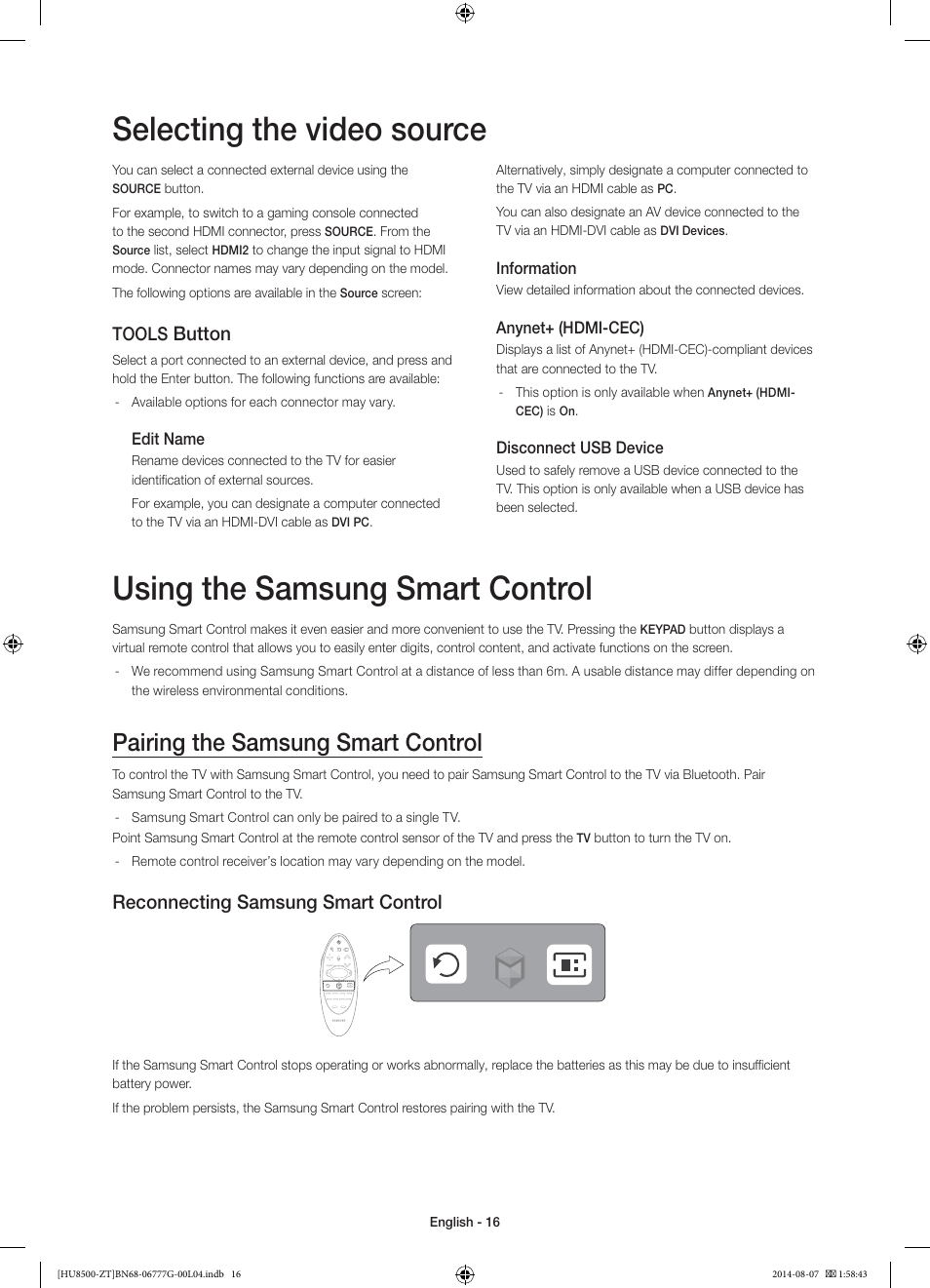 Using the samsung smart control, Selecting the video source, Pairing the samsung smart control | Reconnecting samsung smart control, Button, Tools | Samsung UE65HU8500Z User Manual | Page 16 / 76