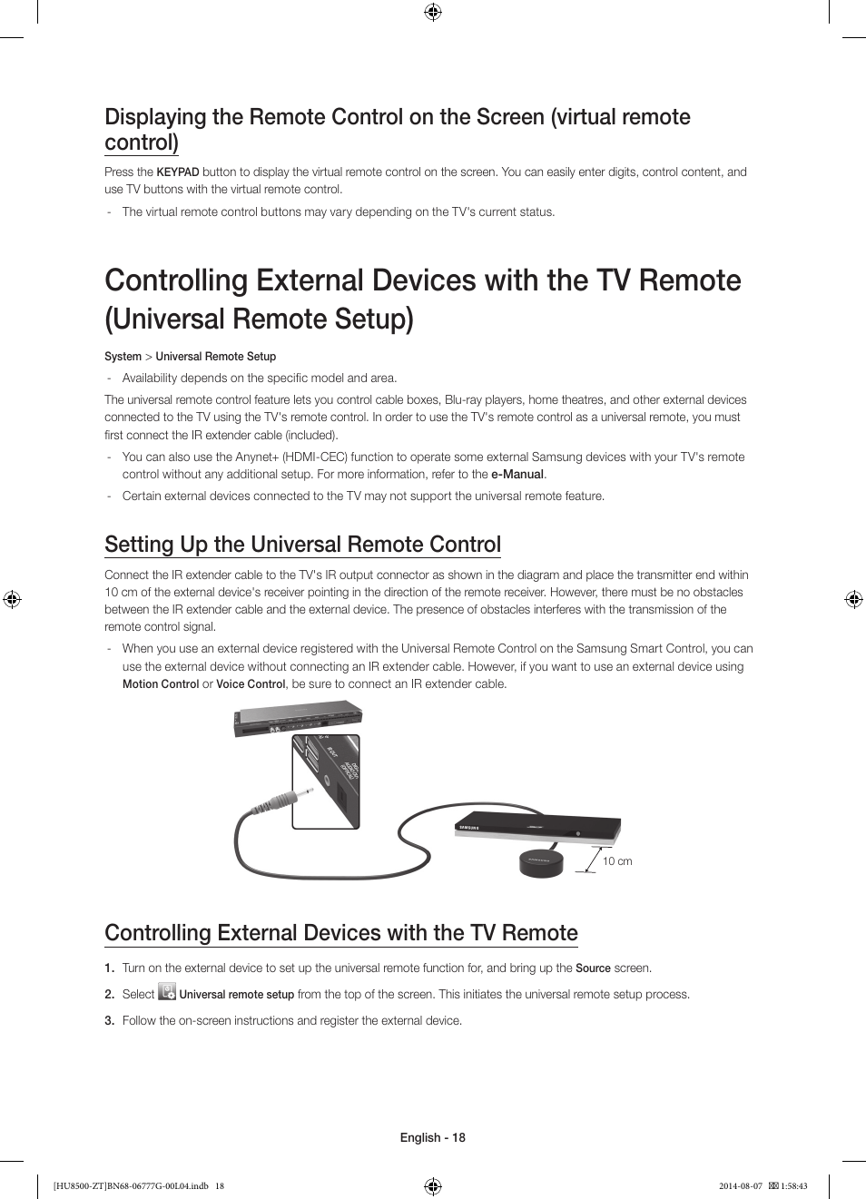 Controlling external devices with the tv remote, Universal remote setup, Setting up the universal remote control | Samsung UE65HU8500Z User Manual | Page 18 / 76
