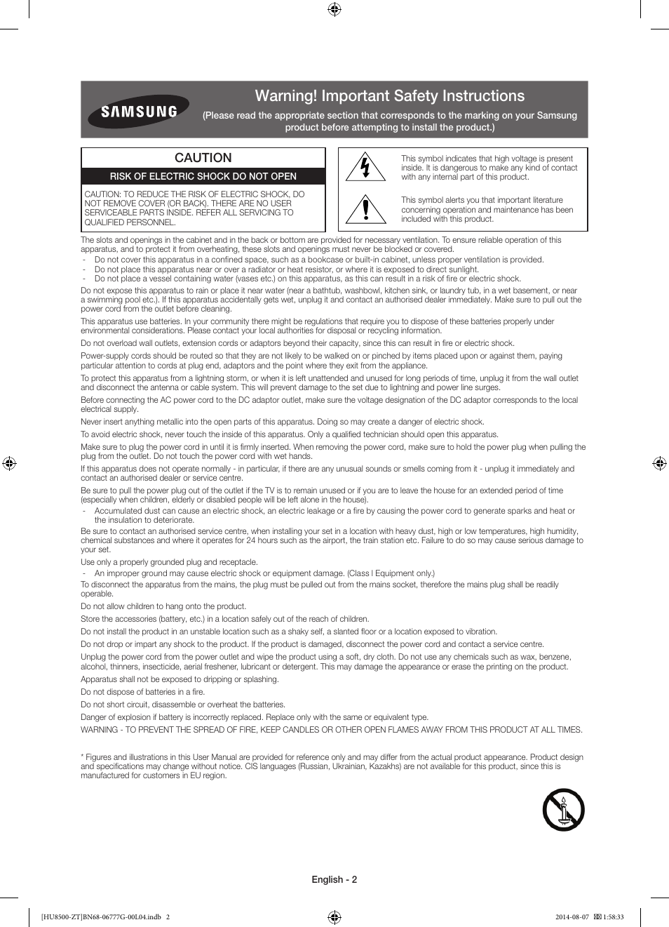 Warning! important safety instructions, Caution | Samsung UE65HU8500Z User Manual | Page 2 / 76